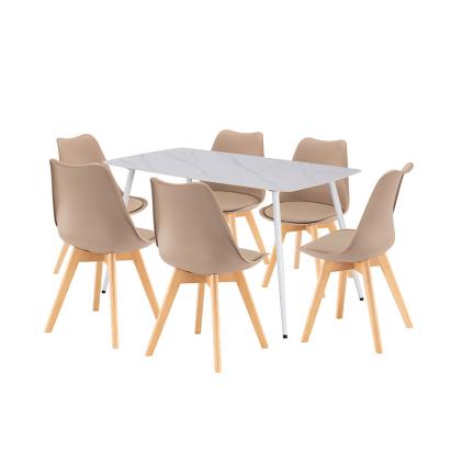 Set dining Leziter Ravena 6+1, masă piatră sinterizată albă și 6 scaune bej
