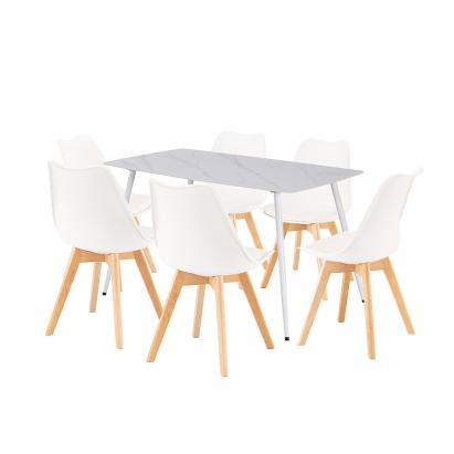 Set dining Leziter Ravena 6+1 cu masă piatră sinterizată, alb-bej, 6 locuri