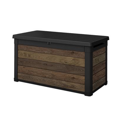 Ladă de grădină Curver Decocoat 380 L, efect lemn nuc, capac blocabil