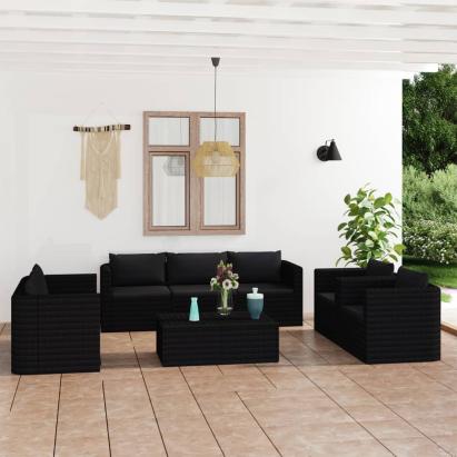 Set mobilier de grădină cu perne, 9 piese, negru, poliratan GartenMobel Dekor
