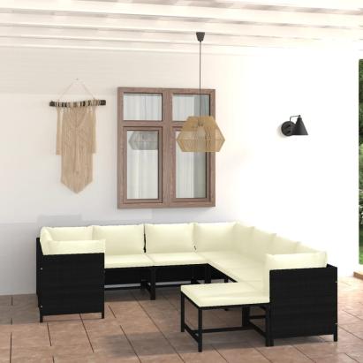 Set mobilier de grădină cu perne, 9 piese, negru, poliratan GartenMobel Dekor