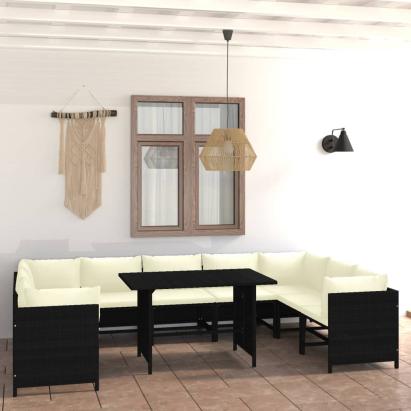 Set mobilier de grădină cu perne, 10 piese, negru, poliratan GartenMobel Dekor