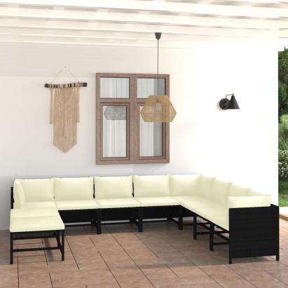 Set mobilier de grădină cu perne, 11 piese, negru, poliratan GartenMobel Dekor