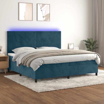 Pat cu arcuri, saltea și LED, bleumarin, 200x200 cm, catifea GartenMobel Dekor