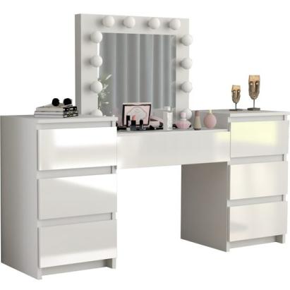 Masa de toaleta/machiaj, alba, sertare lucioase, cu oglinda si LED-uri, Silvia, 155x42x135 cm GartenVIP DiyLine