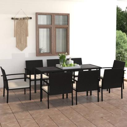 Set de masă și scaune de exterior, 9 piese, negru, poliratan GartenMobel Dekor