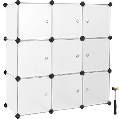 SONGMICS Organizator modular 93x31x93 cm, 9 cuburi cu usi, plastic si cadru metalic, alb Household NewTrend