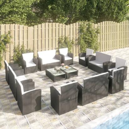 Set mobilier de grădină cu perne, 16 piese, negru, poliratan GartenMobel Dekor