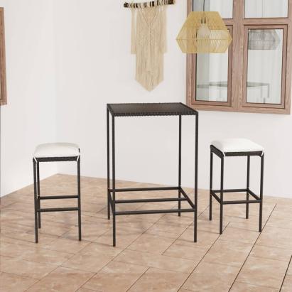 Set mobilier bar de grădină cu perne, 3 piese, negru, poliratan GartenMobel Dekor