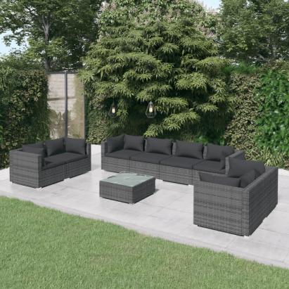 Set mobilier de grădină cu perne, 9 piese, gri, poliratan GartenMobel Dekor