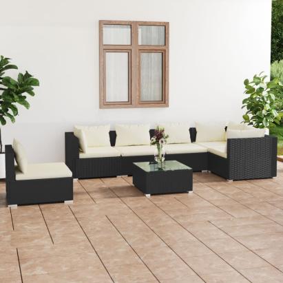 Set mobilier de grădină cu perne, 7 piese, negru, poliratan GartenMobel Dekor