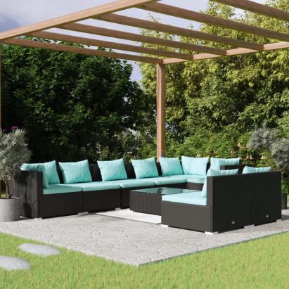 Set mobilier de grădină cu perne, 9 piese, negru, poliratan GartenMobel Dekor