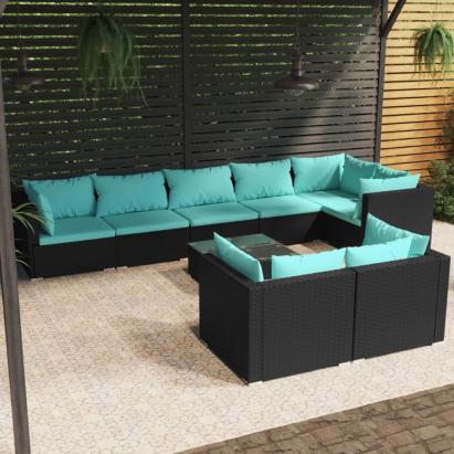 Set mobilier de grădină cu perne, 9 piese, negru, poliratan GartenMobel Dekor