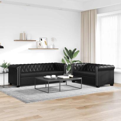 Canapea Chesterfield cu 2 și 3 locuri, piele artificială, negru  GartenMobel Dekor