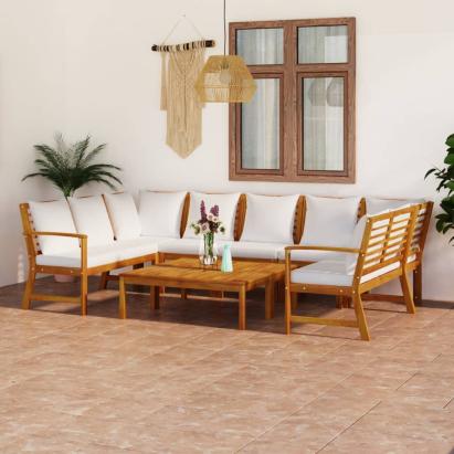 Set mobilier grădină cu perne, 9 piese, crem, lemn de acacia GartenMobel Dekor