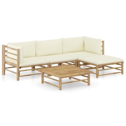 Set mobilier de grădină cu perne alb crem, 5 piese, bambus GartenMobel Dekor