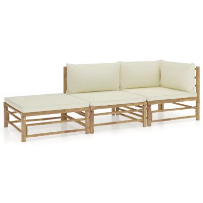 Set mobilier de grădină, cu perne alb crem, 3 piese, bambus GartenMobel Dekor
