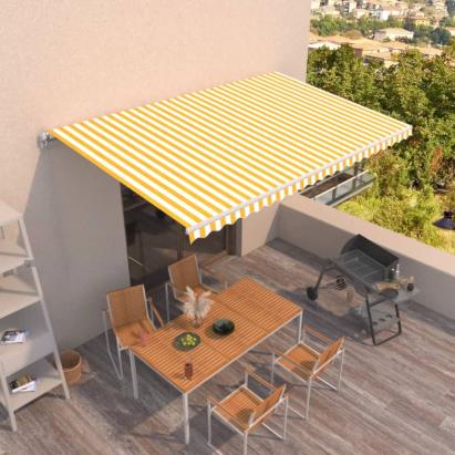Copertină retractabilă manual, galben și alb, 500x300 cm GartenMobel Dekor