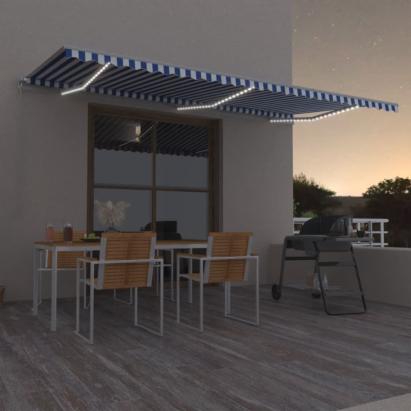 Copertină retractabilă manual LED, albastru și alb, 600x350 cm GartenMobel Dekor