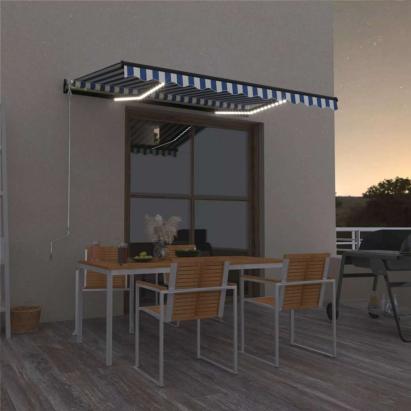 Copertină retractabilă manual LED, albastru și alb, 350x250 cm GartenMobel Dekor
