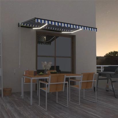 Copertină retractabilă manual cu LED, albastru&alb, 400x300 cm GartenMobel Dekor