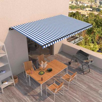 Copertină retractabilă manual, albastru și alb, 500x350 cm GartenMobel Dekor