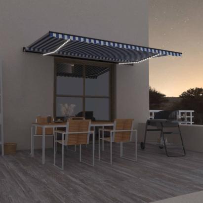 Copertină retractabilă manual cu LED, albastru/alb, 500x350 cm GartenMobel Dekor