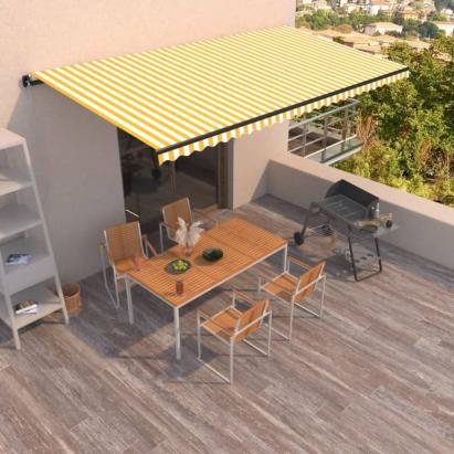 Copertină retractabilă manual, galben și alb, 600x350 cm GartenMobel Dekor