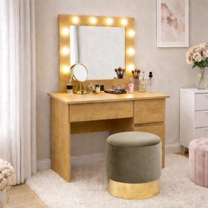 Masa de toaleta/machiaj, Irina, stejar + taburet, bej, cu oglinda si LED-uri, 94x43x141 cm GartenVIP DiyLine