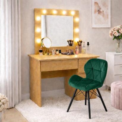 Masa de toaleta/machiaj, Irina, stejar + scaun Lago, verde, cu oglinda si LED-uri, 94x43x141 cm GartenVIP DiyLine