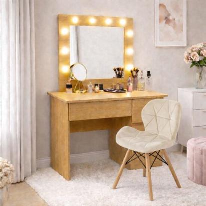 Masa de toaleta/machiaj, Irina, stejar + scaun Lago, bej, cu oglinda si LED-uri, 94x43x141 cm GartenVIP DiyLine