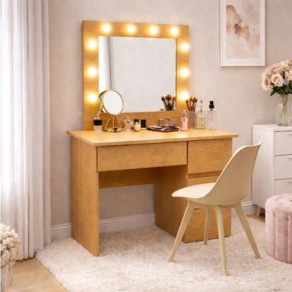 Masa de toaleta/machiaj, Irina, stejar + scaun Mark, bej, cu oglinda si LED-uri, 94x43x141 cm GartenVIP DiyLine