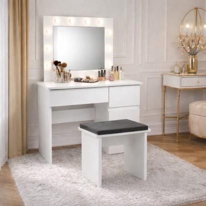 Masa de toaleta/machiaj, Irina + taburet, alb, cu oglinda si LED-uri, 94x43x141 cm GartenVIP DiyLine