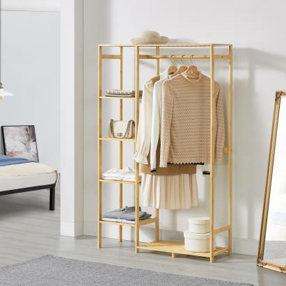 Cuier cu rafturi si bara pentru haine din bambus natural [en.casa]