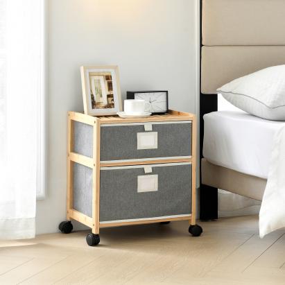 Noptieră din bambus Noorliit cu 2 sertare și roți, gri natur