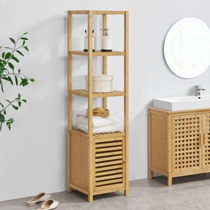 Raft de baie din bambus Liminka cu dulap și 4 polițe, 140x34x33 cm