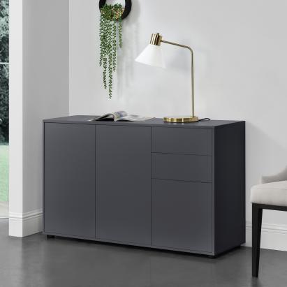 Comodă sideboard Paarl 117 cm cu 2 sertare și 3 uși, gri închis mat