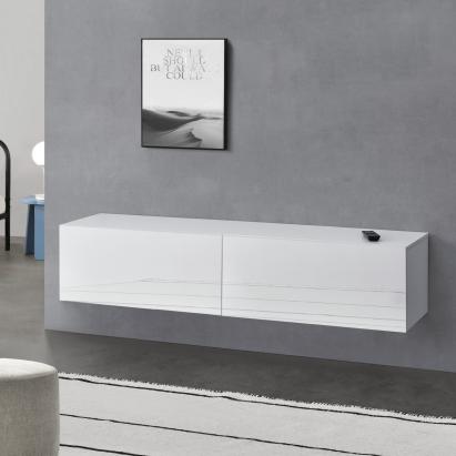 Comodă TV suspendată Evaton 140x33x30 cm, alb lucios, 2 uși