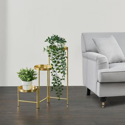 Suport pentru flori Kallo auriu din metal, pliabil, cu 3 etajere