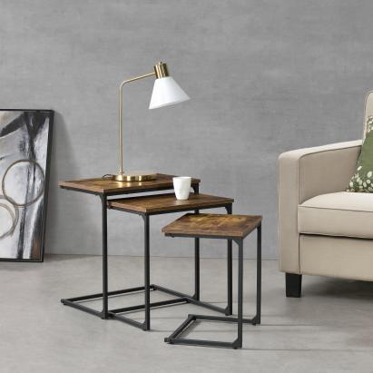 Set 3 mese laterale Tjörn, lemn închis și cadru metalic negru