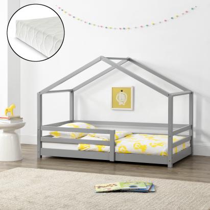 Pat copii tip casuta 90x200 cm cu protectie, somiera si saltea, gri