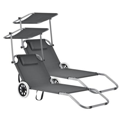Set 2 șezlonguri pliabile Falun cu copertină și roți, antracit