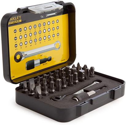 Set 30 biti Stanley 25 mm cu adaptor magnetic si cheie cu clichet 1/4