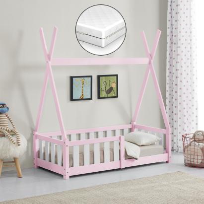 Pat copii tip cort din lemn roz 70x140 cm cu saltea ortopedica