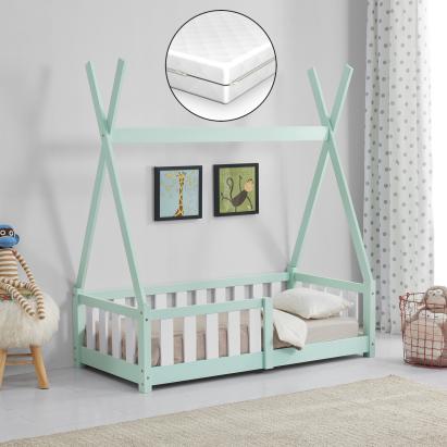 Pat pentru copii tip cort din lemn cu saltea 70x140 cm, mentă