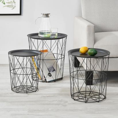 Set 3 măsuțe de cafea Worcester din metal cu depozitare, negre