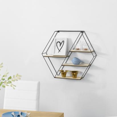 Raft de perete hexagonal Flint, 62x12x53 cm, 4 polițe, negru