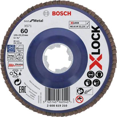 Disc lamelar Bosch X-LOCK 125 mm G60 pentru metal si inox, placa plastic