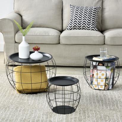 Set 3 măsuțe de cafea Neman cu coș metalic și blat detașabil, negru