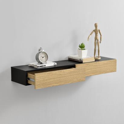 Set 2 rafturi suspendate cu sertar Leknes, negru si lemn, 50x24x12 cm